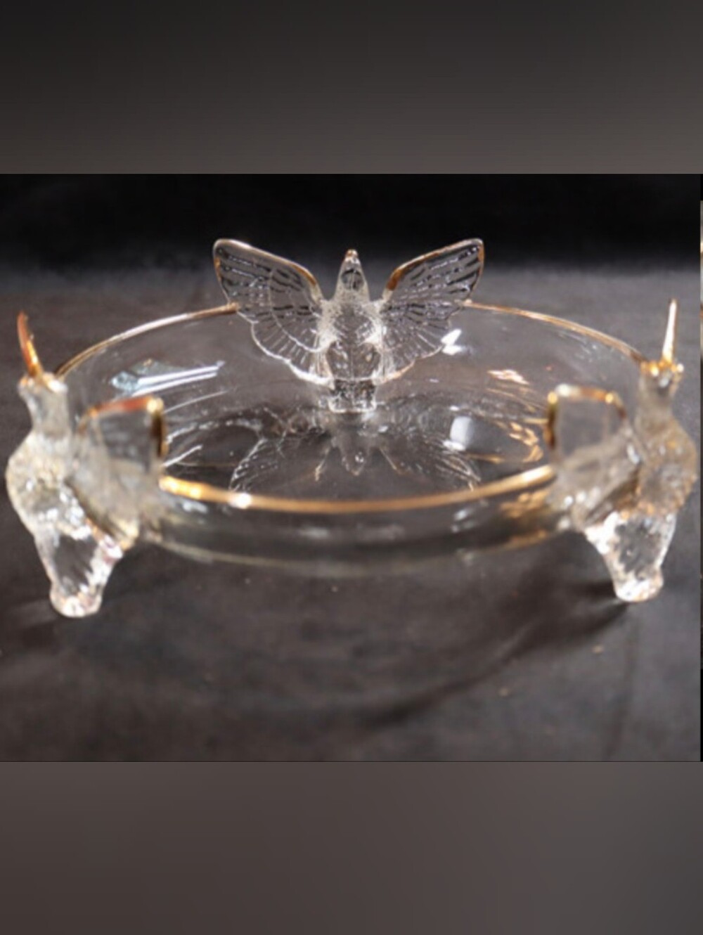 Vintage 1940-50’s Jeanette Glass Footed Dish w/ Eagle or Doves & 22k Gold Trim